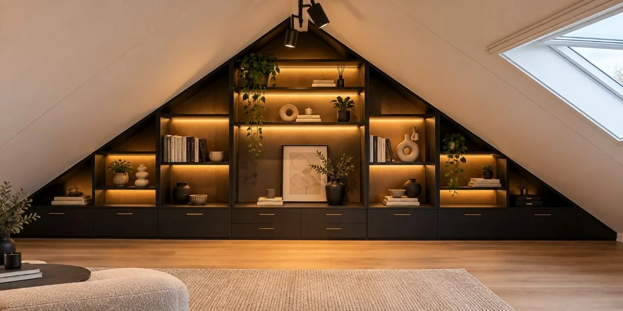 Brede maatwerk boekenkast met verlichting onder een schuin dak