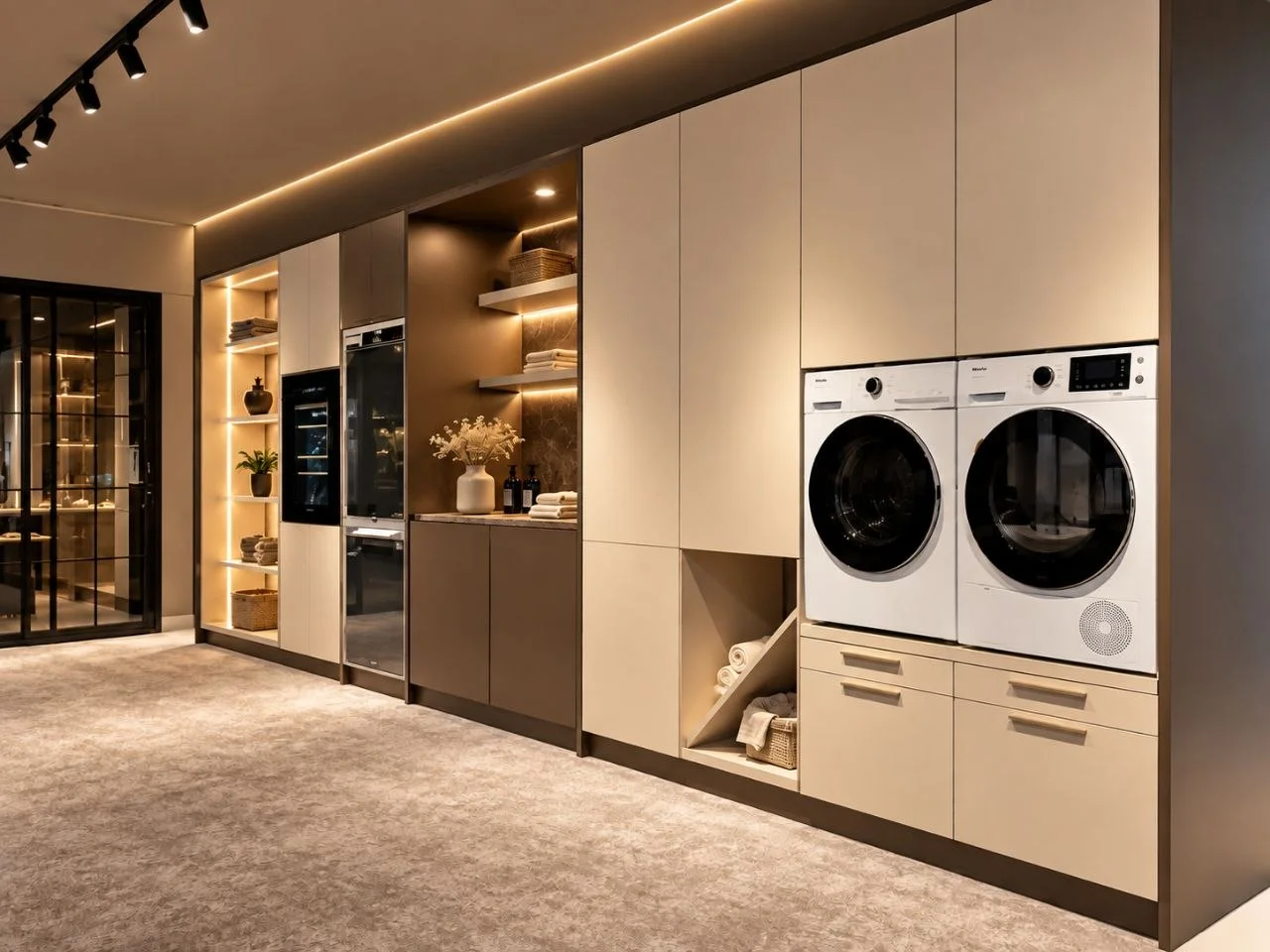 Lichte maatwerk wandkast met wasmachine, droger en open opbergnissen
