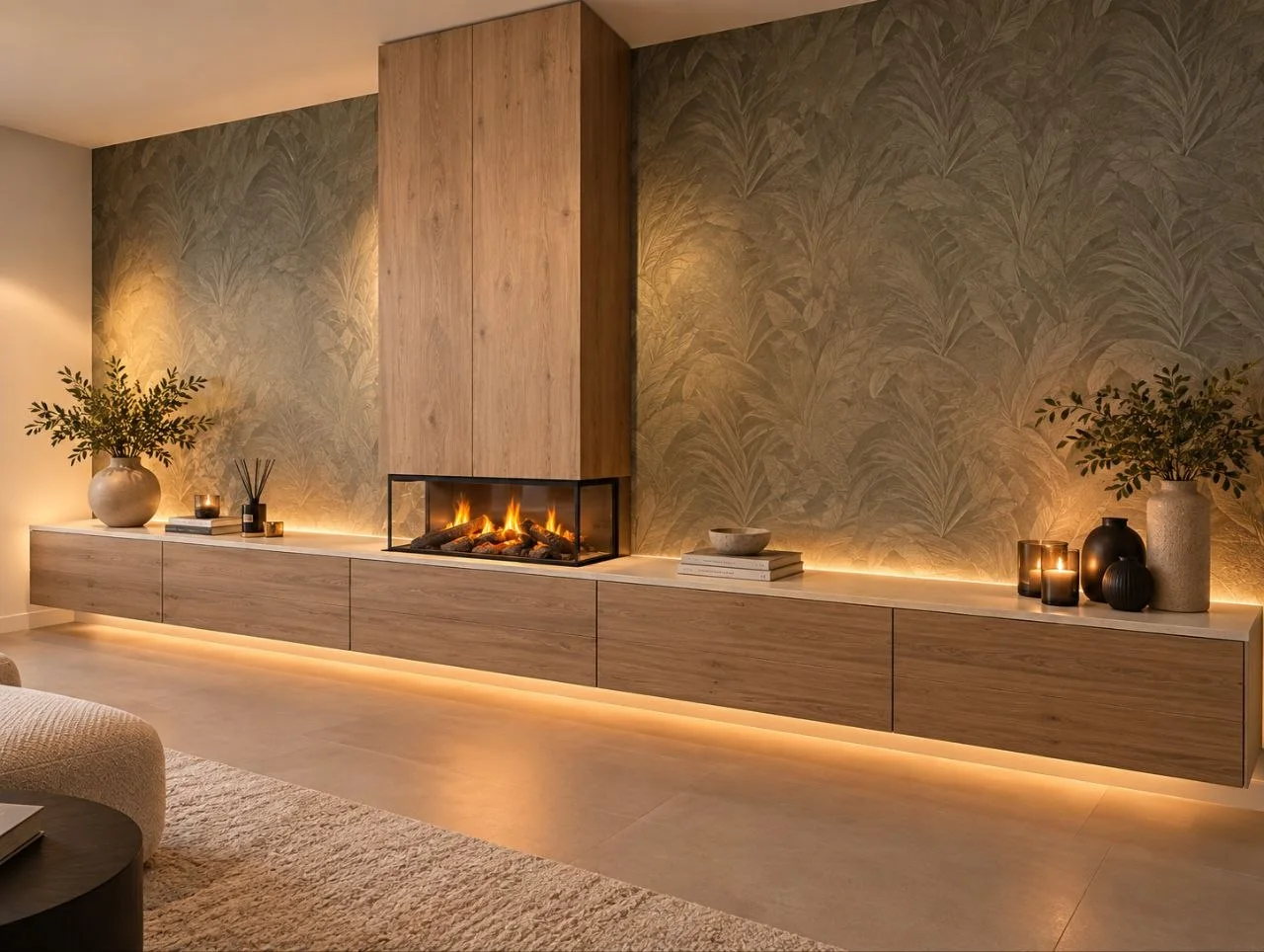 Horizontale woonkamerkast op maat met houten fronten, verlichting en geïntegreerde haard